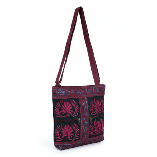 Women suede leather tote strap bag with kashmiri embroidery - Maroon