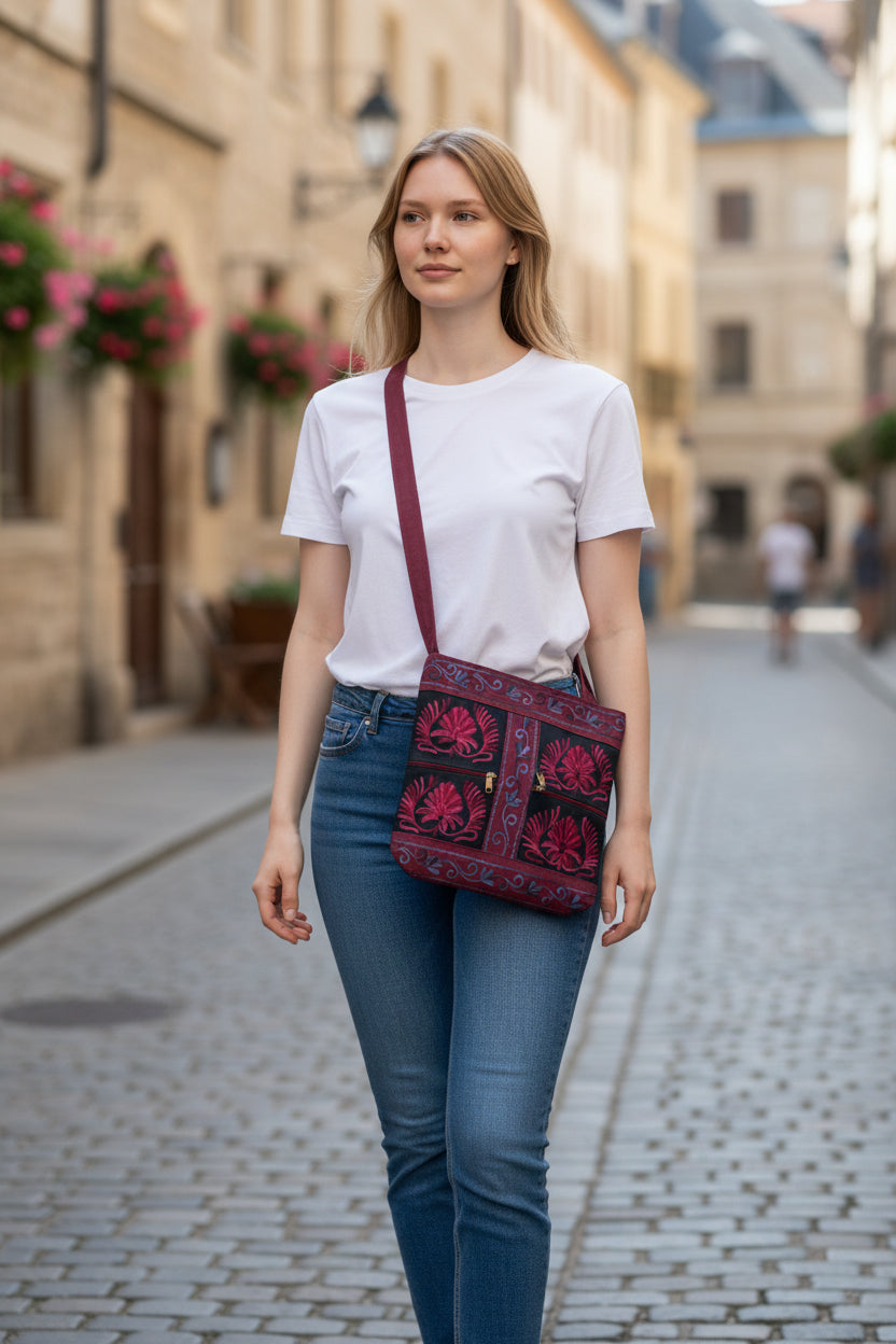 Women suede leather tote strap bag with kashmiri embroidery - Maroon