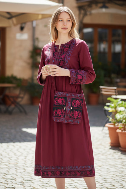 Women suede leather tote strap bag with kashmiri embroidery - Maroon