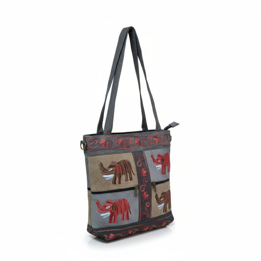 Women suede leather tote strap bag with kashmiri embroidery - Sky Blue