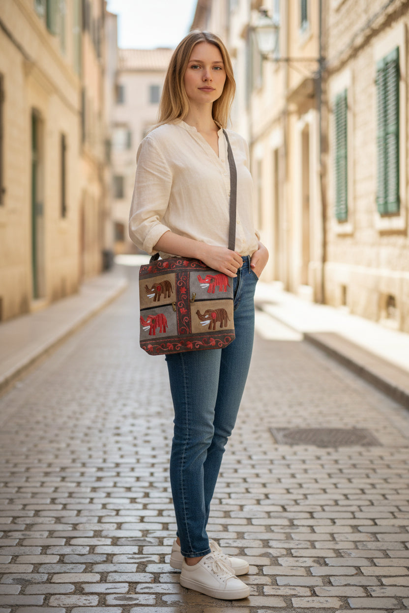 Women suede leather tote strap bag with kashmiri embroidery - Sky Blue