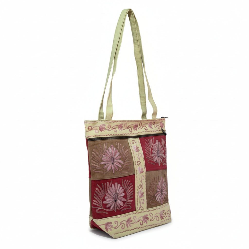 Women suede leather tote strap bag with kashmiri embroidery - OffWhite