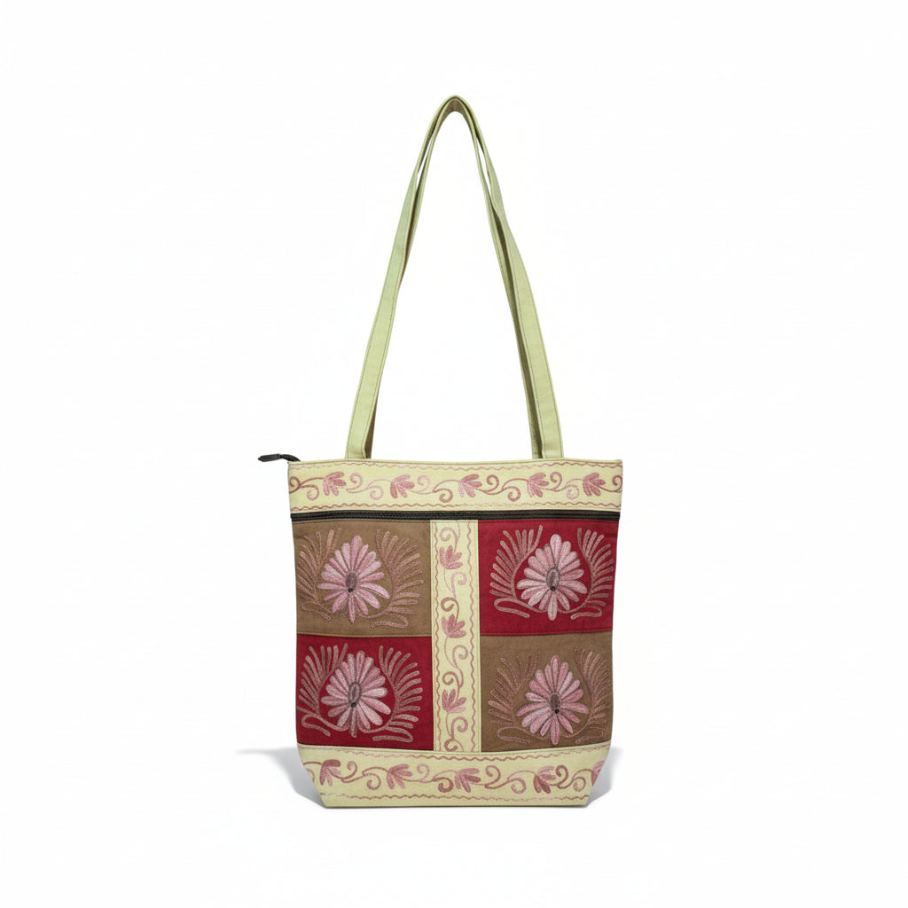 Women suede leather tote strap bag with kashmiri embroidery - OffWhite
