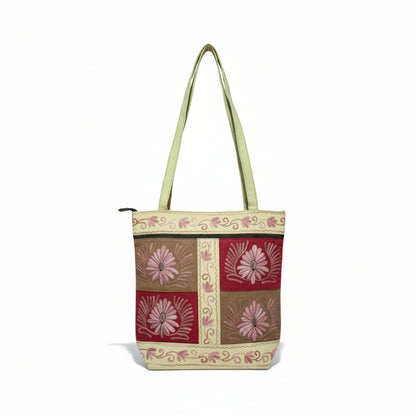 Women suede leather tote strap bag with kashmiri embroidery - OffWhite