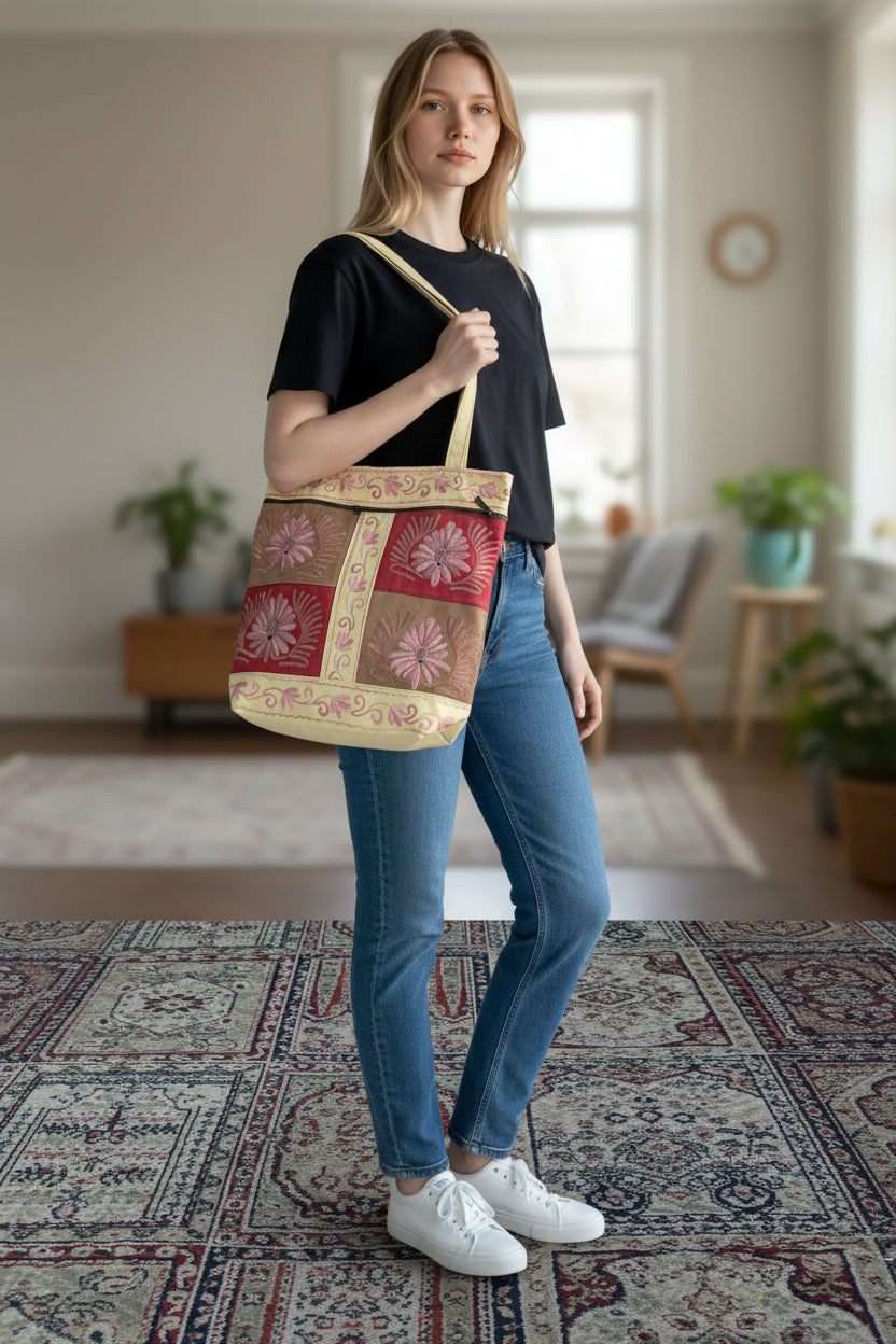 Women suede leather tote strap bag with kashmiri embroidery - OffWhite
