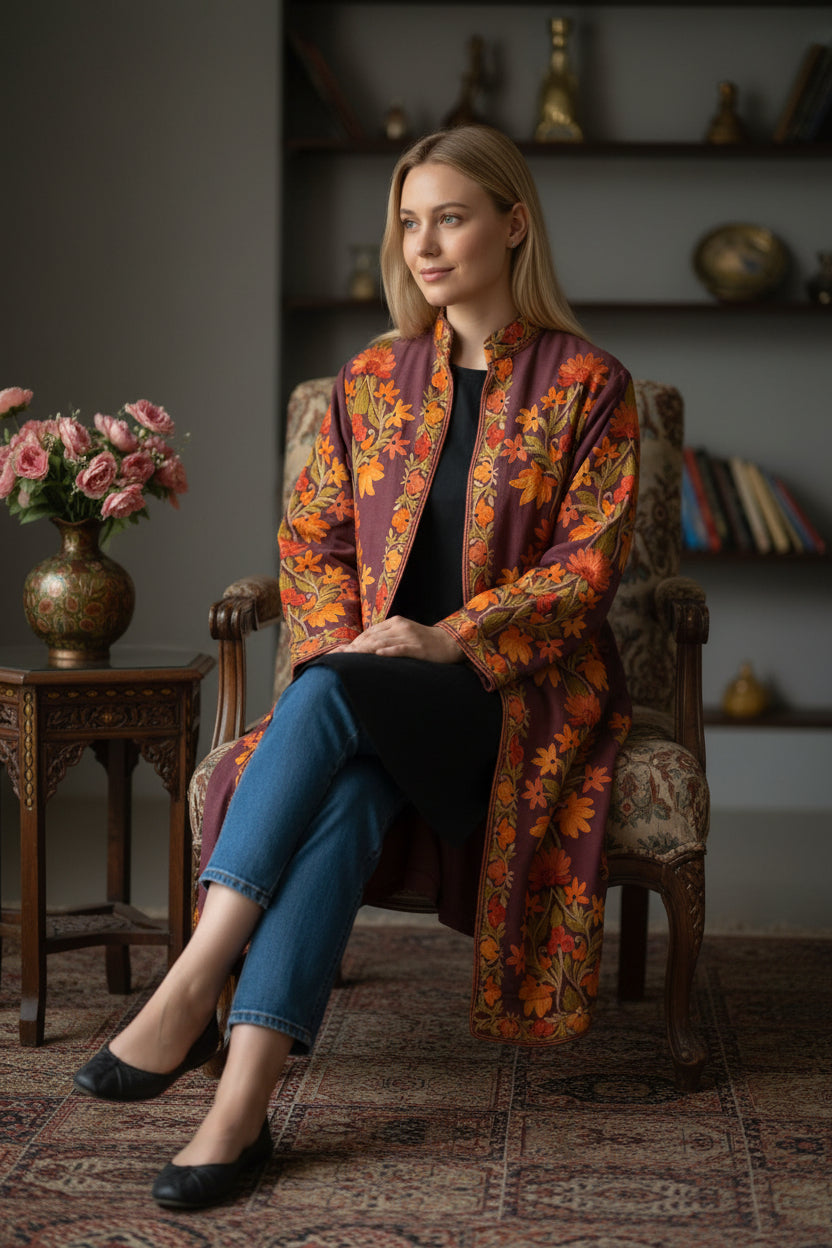 Women’s Woolen Long Coat – Elegant Winter Wear - Aubergine