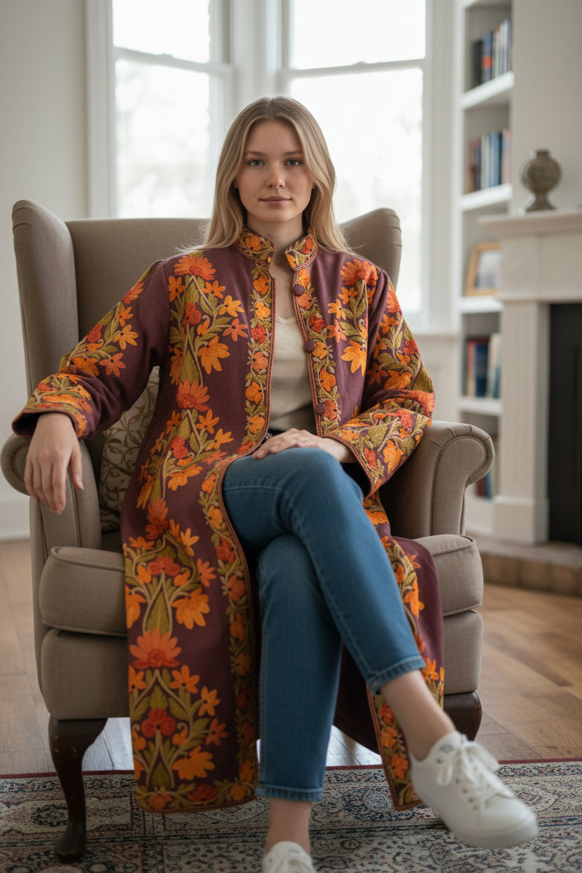 Women’s Woolen Long Coat – Elegant Winter Wear - Aubergine