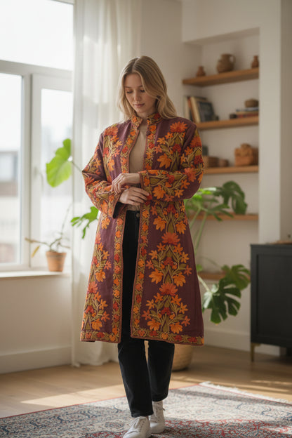 Women’s Woolen Long Coat – Elegant Winter Wear - Aubergine