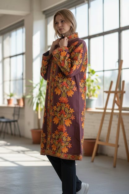 Women’s Woolen Long Coat – Elegant Winter Wear - Aubergine
