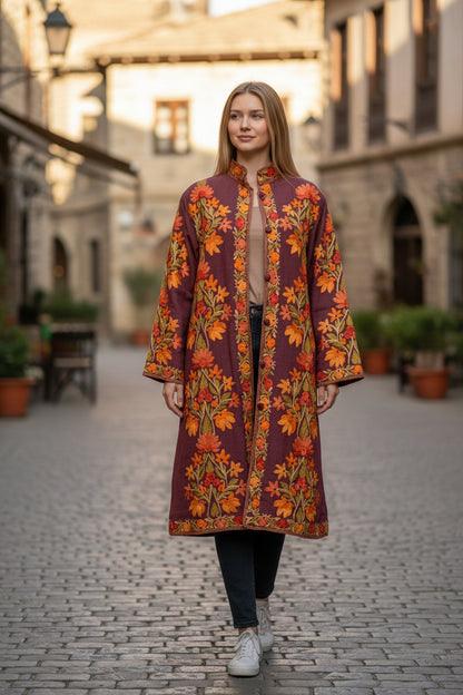 Women’s Woolen Long Coat – Elegant Winter Wear - Aubergine