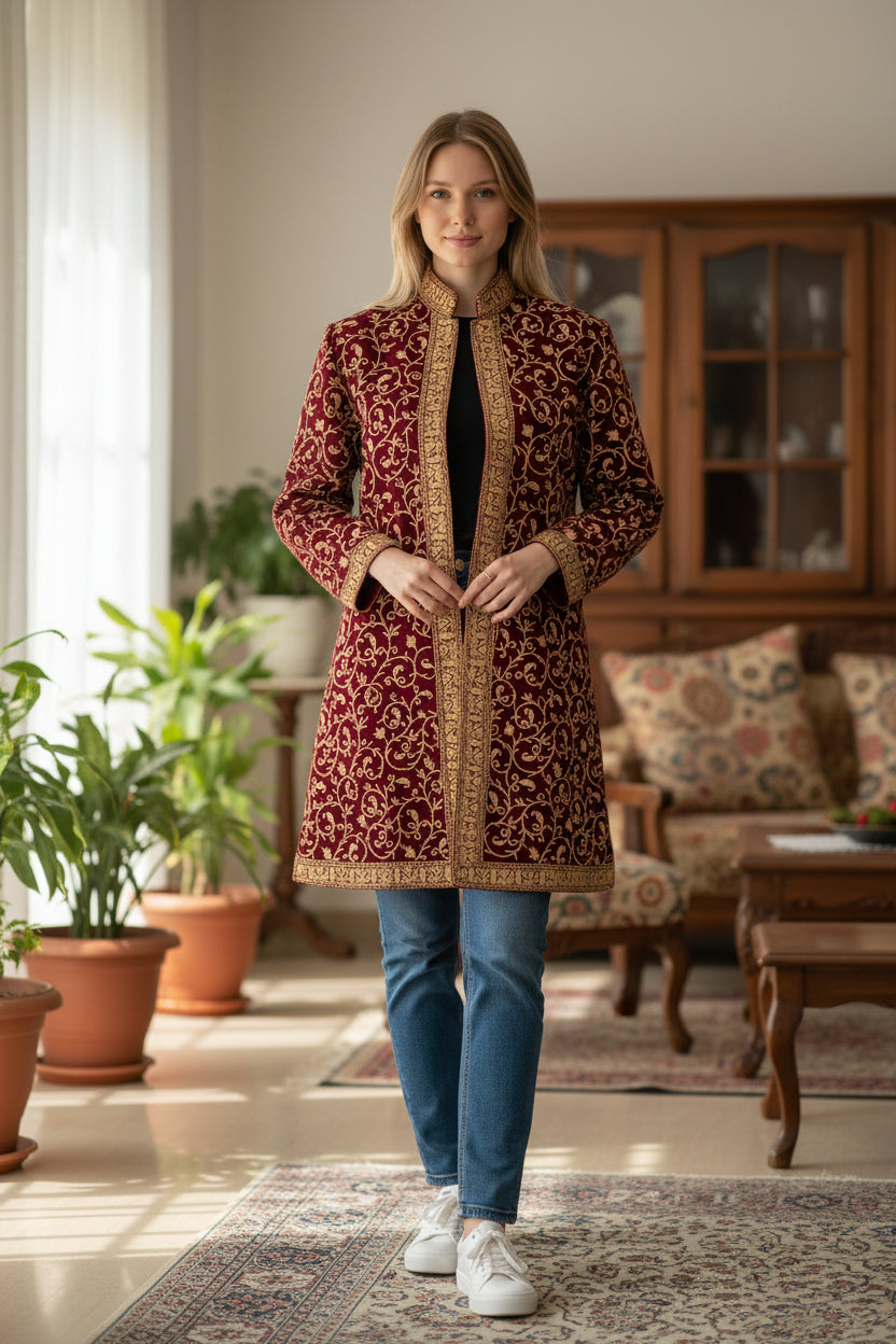 Women’s Woolen Long Coat – Elegant Winter Wear - Maroon