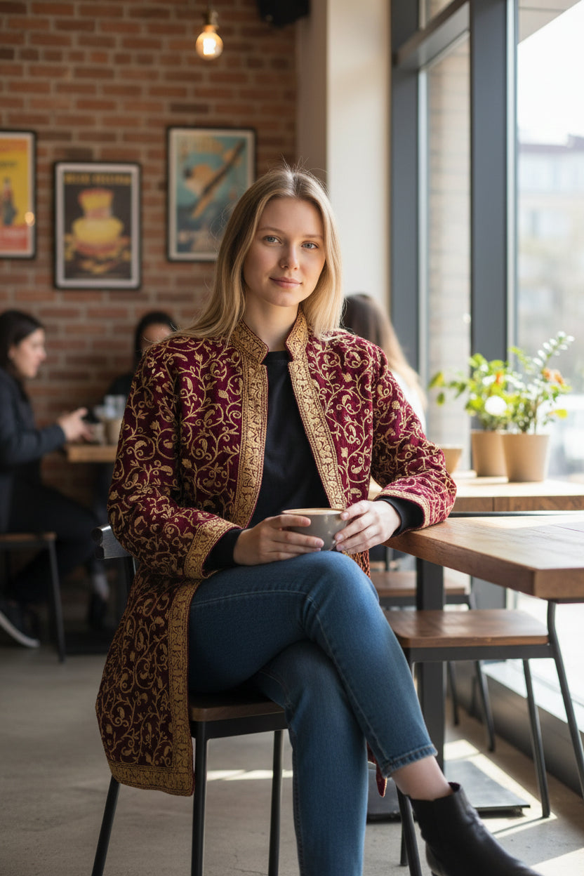Women’s Woolen Long Coat – Elegant Winter Wear - Maroon