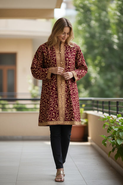 Women’s Woolen Long Coat – Elegant Winter Wear - Maroon