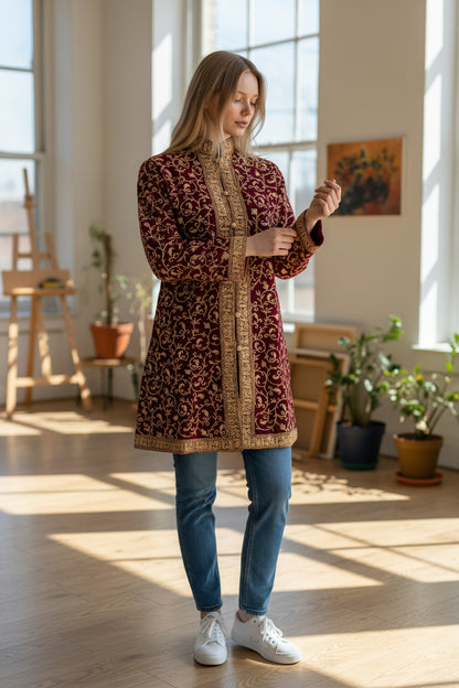 Women’s Woolen Long Coat – Elegant Winter Wear - Maroon