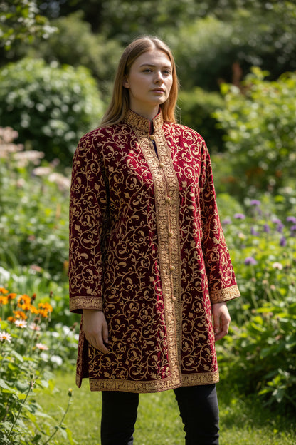 Women’s Woolen Long Coat – Elegant Winter Wear - Maroon