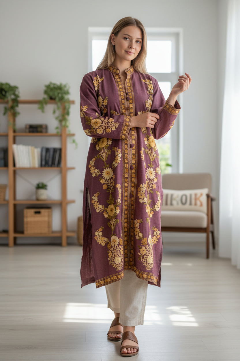 Women’s Woolen Long Coat – Elegant Winter Wear - Plum Purple