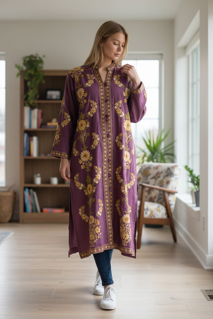 Women’s Woolen Long Coat – Elegant Winter Wear - Plum Purple