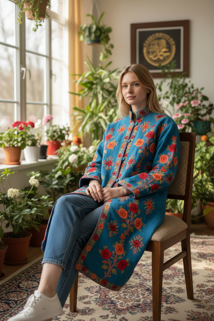Women’s Woolen Long Coat – Elegant Winter Wear - Turquoise