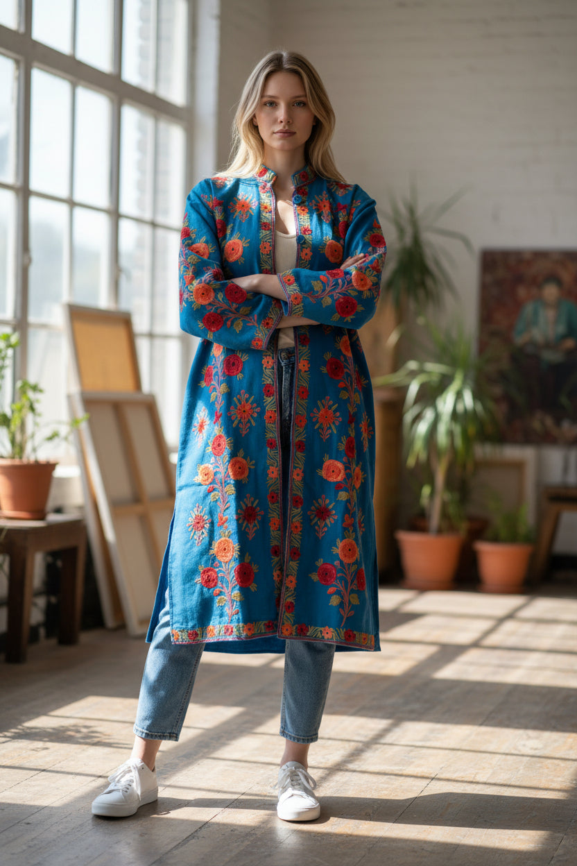 Women’s Woolen Long Coat – Elegant Winter Wear - Turquoise