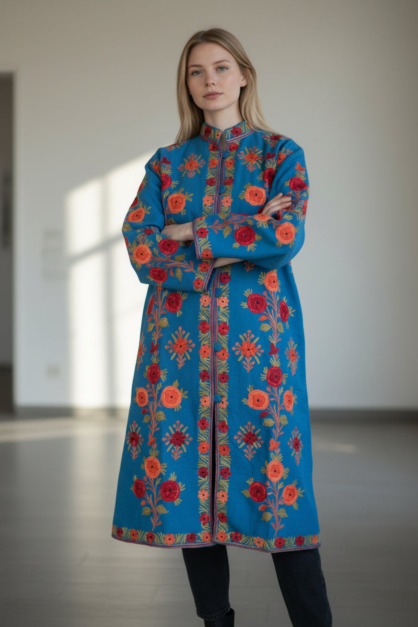 Women’s Woolen Long Coat – Elegant Winter Wear - Turquoise