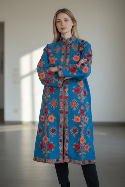 Women’s Woolen Long Coat – Elegant Winter Wear - Turquoise