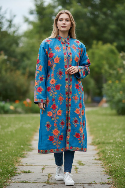 Women’s Woolen Long Coat – Elegant Winter Wear - Turquoise