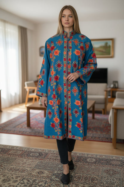 Women’s Woolen Long Coat – Elegant Winter Wear - Turquoise