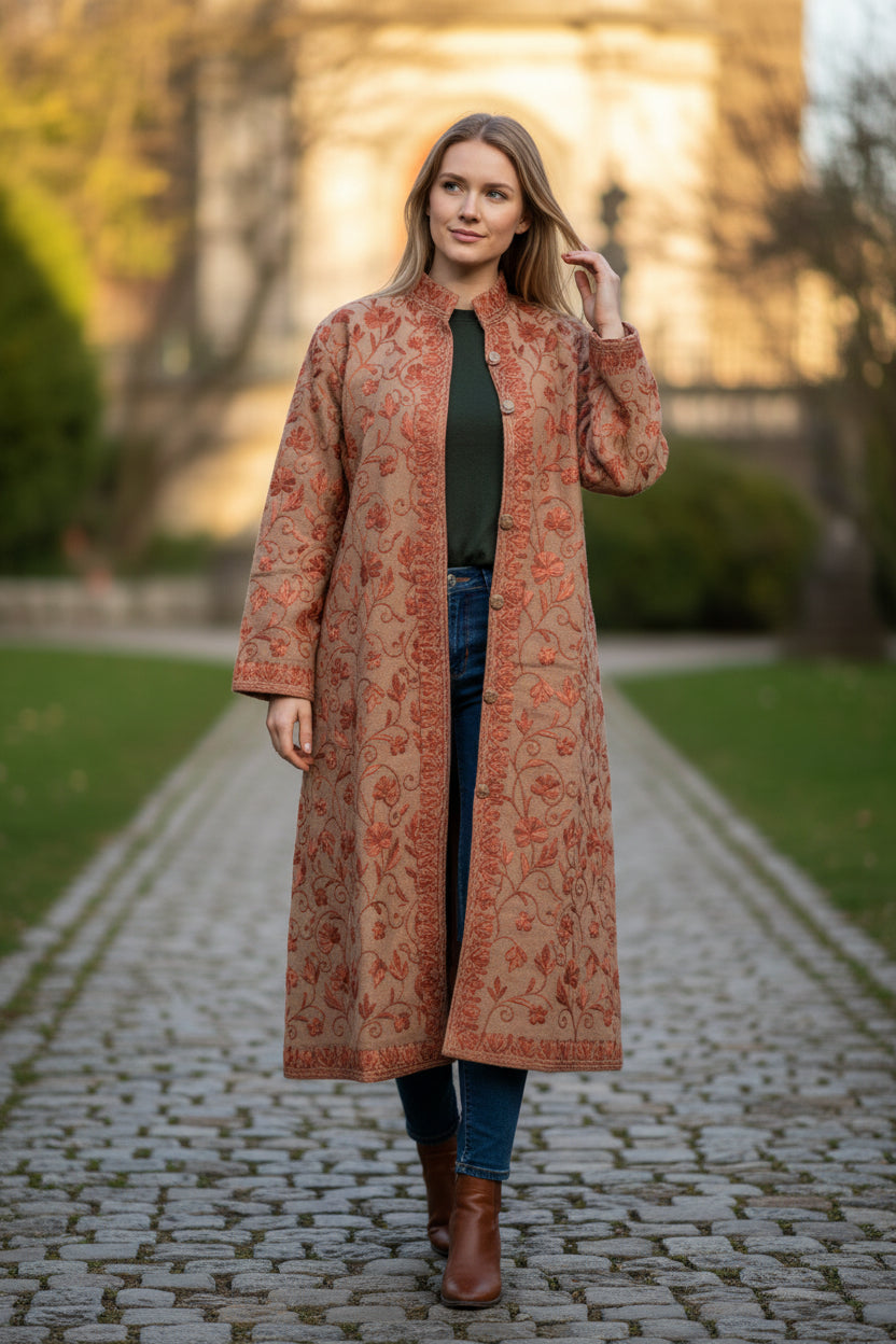 Women’s Woolen Long Coat – Elegant Winter Wear - Warm Greige