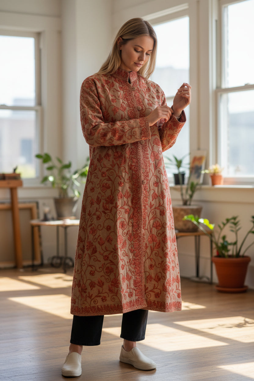 Women’s Woolen Long Coat – Elegant Winter Wear - Warm Greige