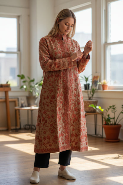 Women’s Woolen Long Coat – Elegant Winter Wear - Warm Greige