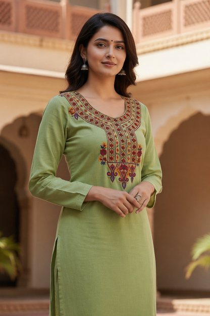 Women Cotton Suits with Kashmiri Hand Embroidery Two Piece Suit - Green