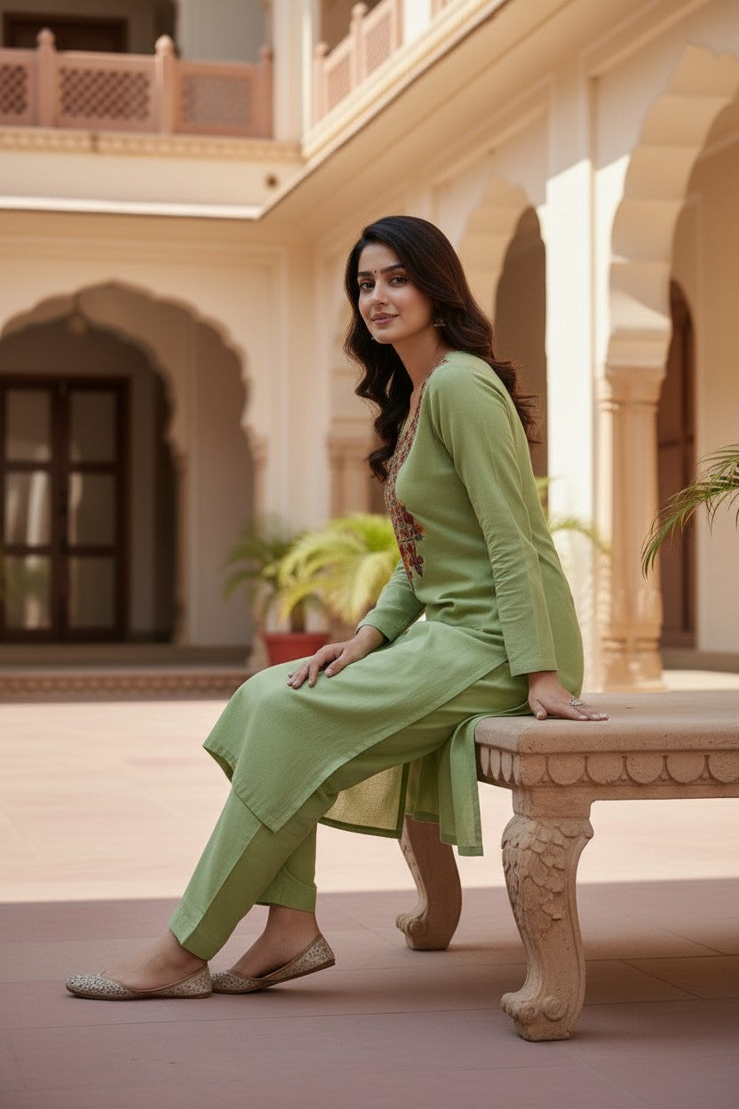 Women Cotton Suits with Kashmiri Hand Embroidery Two Piece Suit - Green