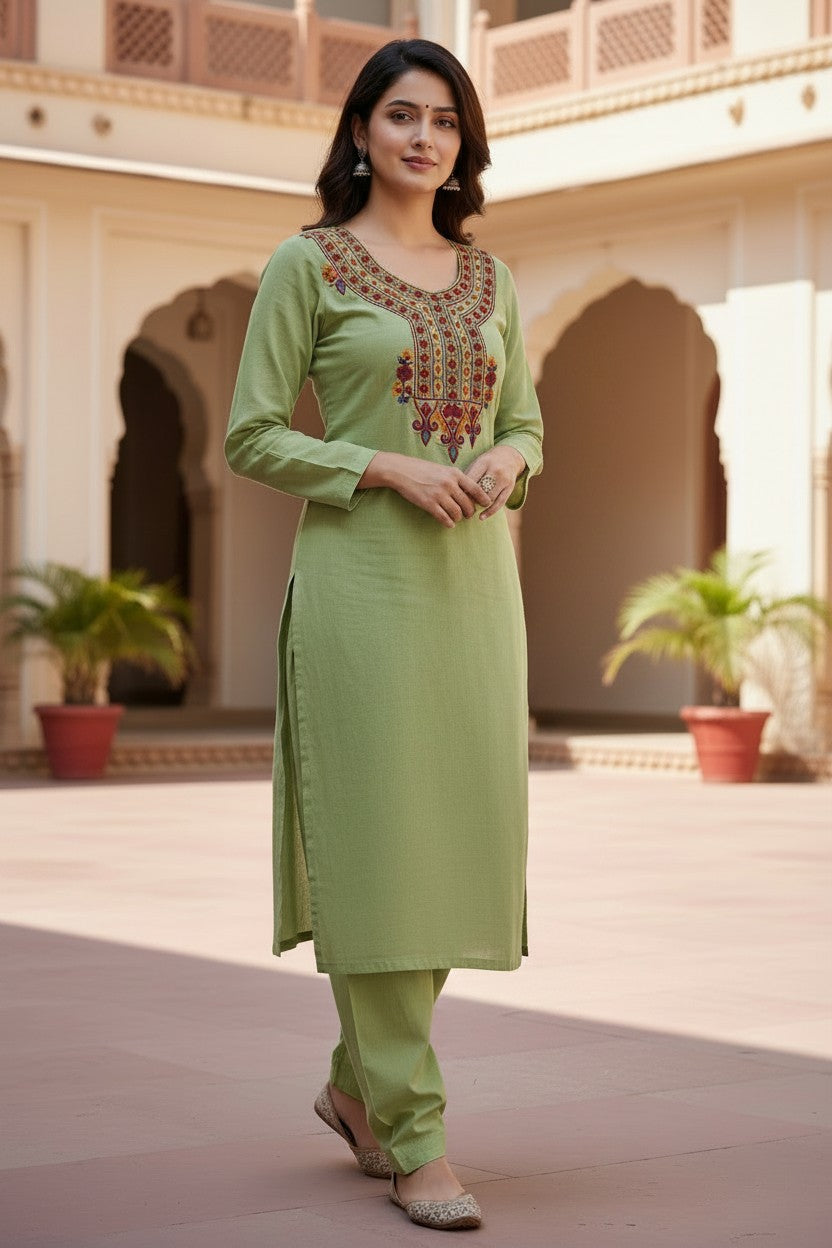 Women Cotton Suits with Kashmiri Hand Embroidery Two Piece Suit - Green