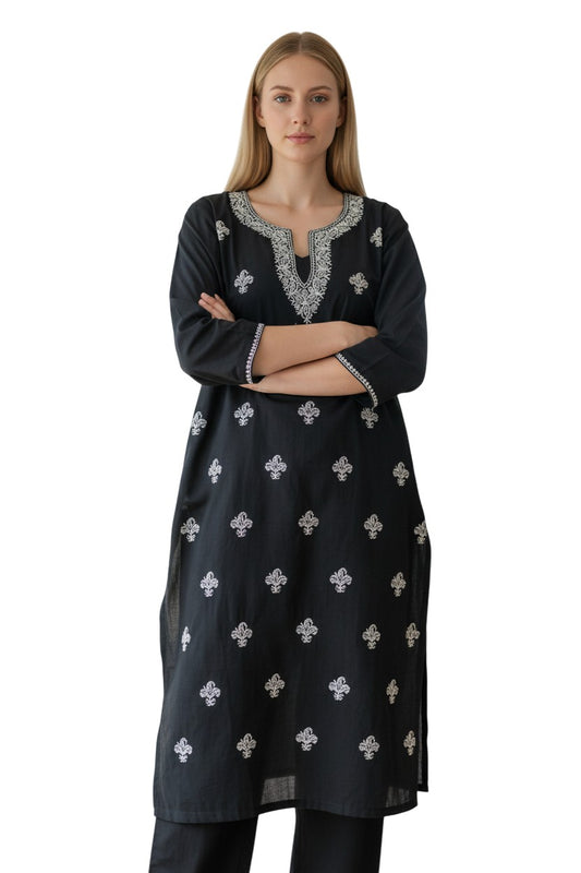 Women Cotton Suits with Kashmiri Hand Embroidery Two Piece Suit - Black