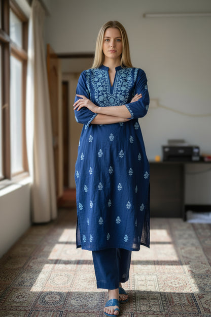 Women Cotton Suits with Kashmiri Hand Embroidery Two Piece Suit - Blue