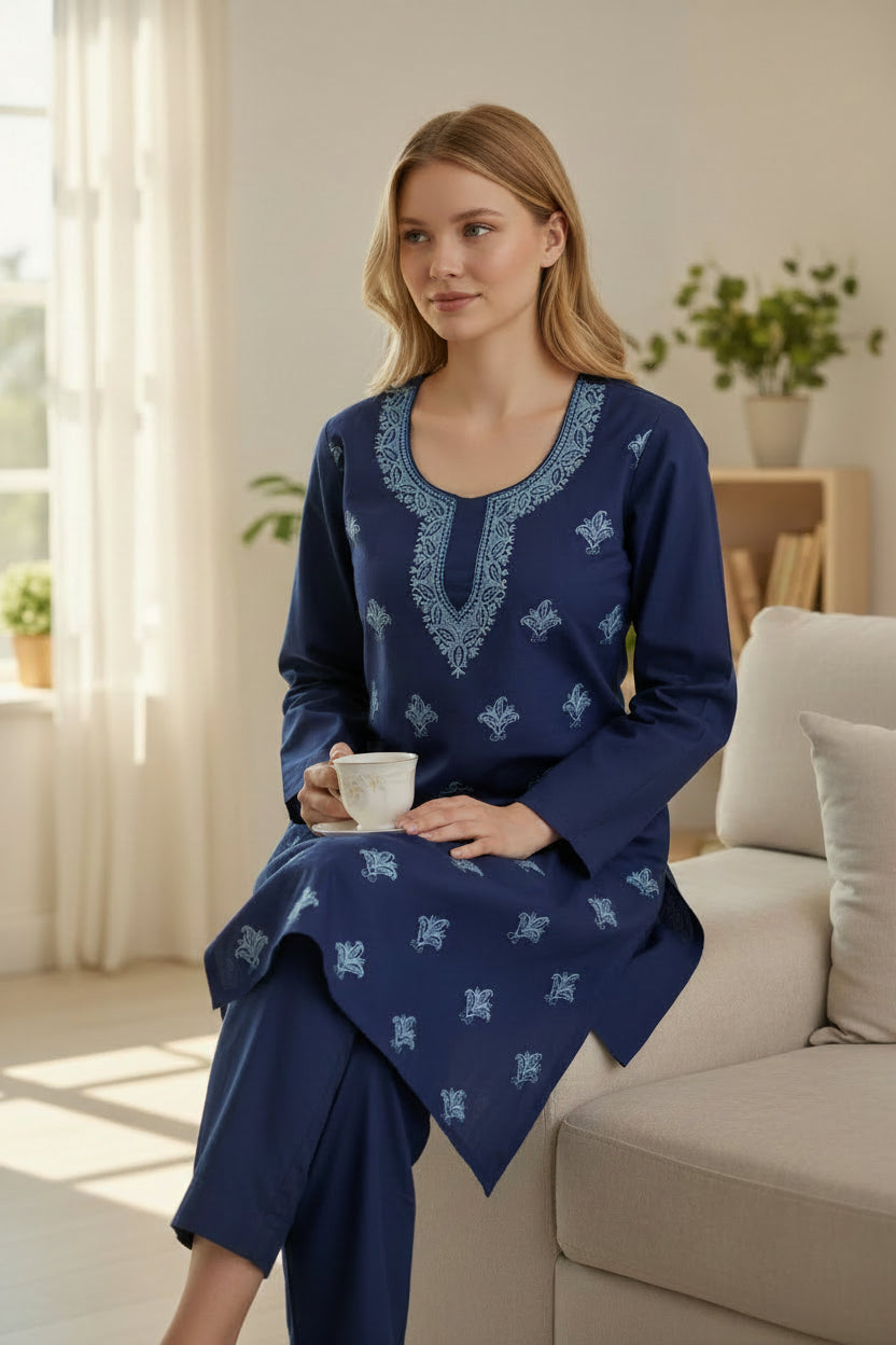 Women Cotton Suits with Kashmiri Hand Embroidery Two Piece Suit - Blue