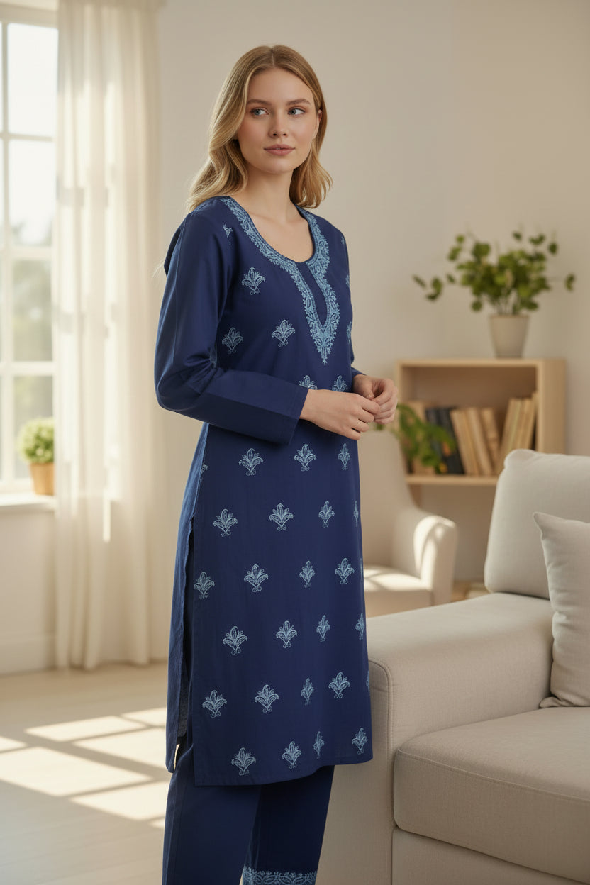 Women Cotton Suits with Kashmiri Hand Embroidery Two Piece Suit - Blue