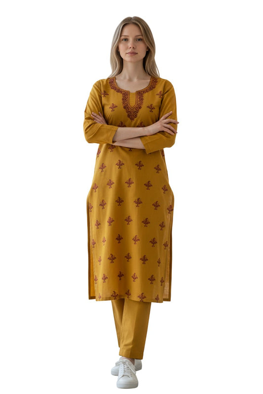 Women Cotton Suits with Kashmiri Hand Embroidery Two Piece Suit - Mustard