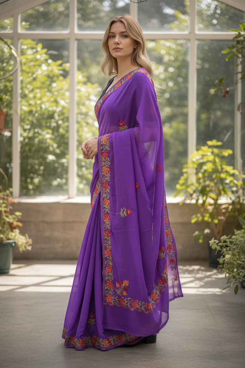 Women's Georgette Sarees Embroidered with Kashmiri Aari work - Purple