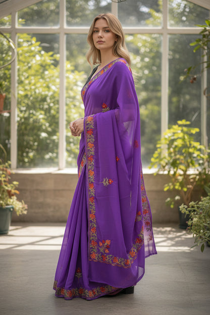 Women's Georgette Sarees Embroidered with Kashmiri Aari work - Purple