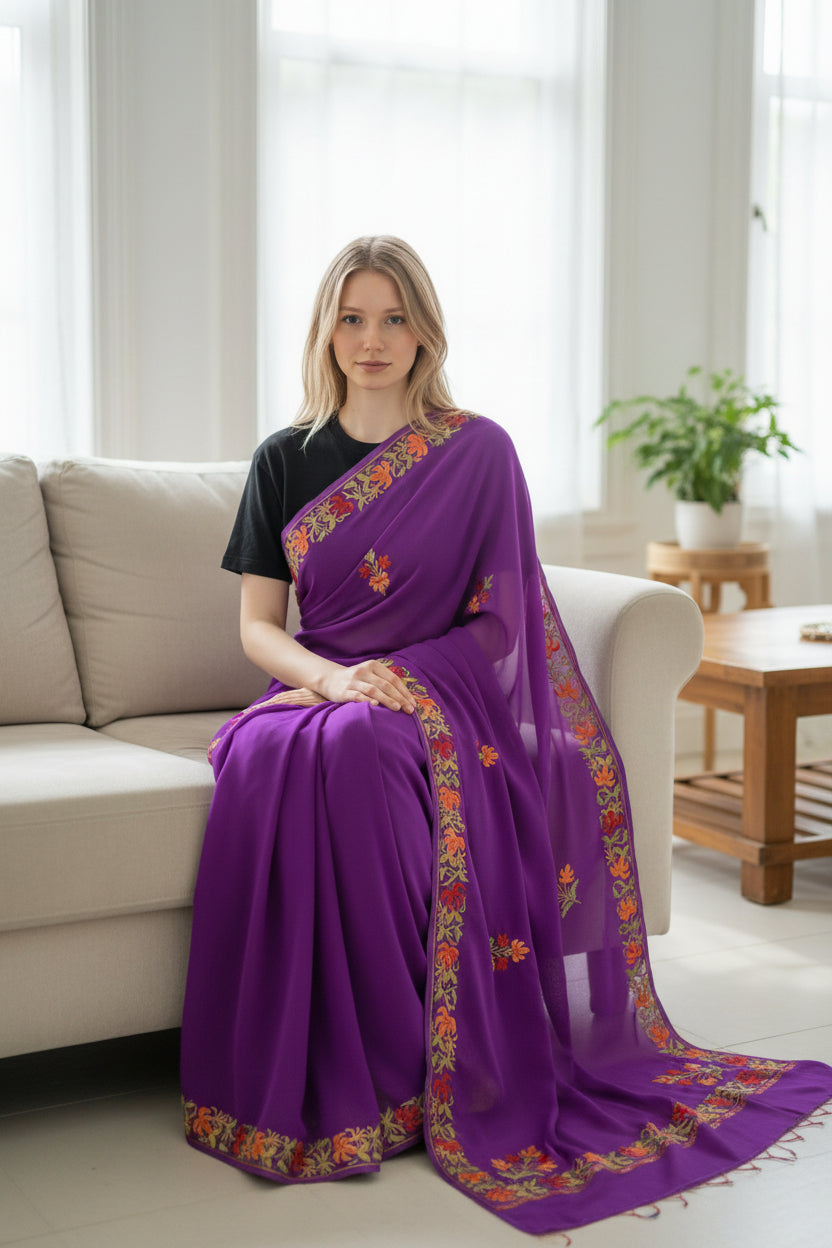 Women's Georgette Sarees Embroidered with Kashmiri Aari work - Purple