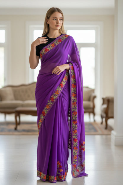 Women's Georgette Sarees Embroidered with Kashmiri Aari work - Purple