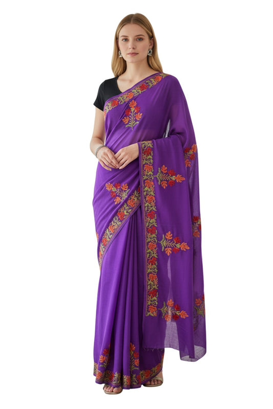 Women's Georgette Sarees Embroidered with Kashmiri Aari work - Purple