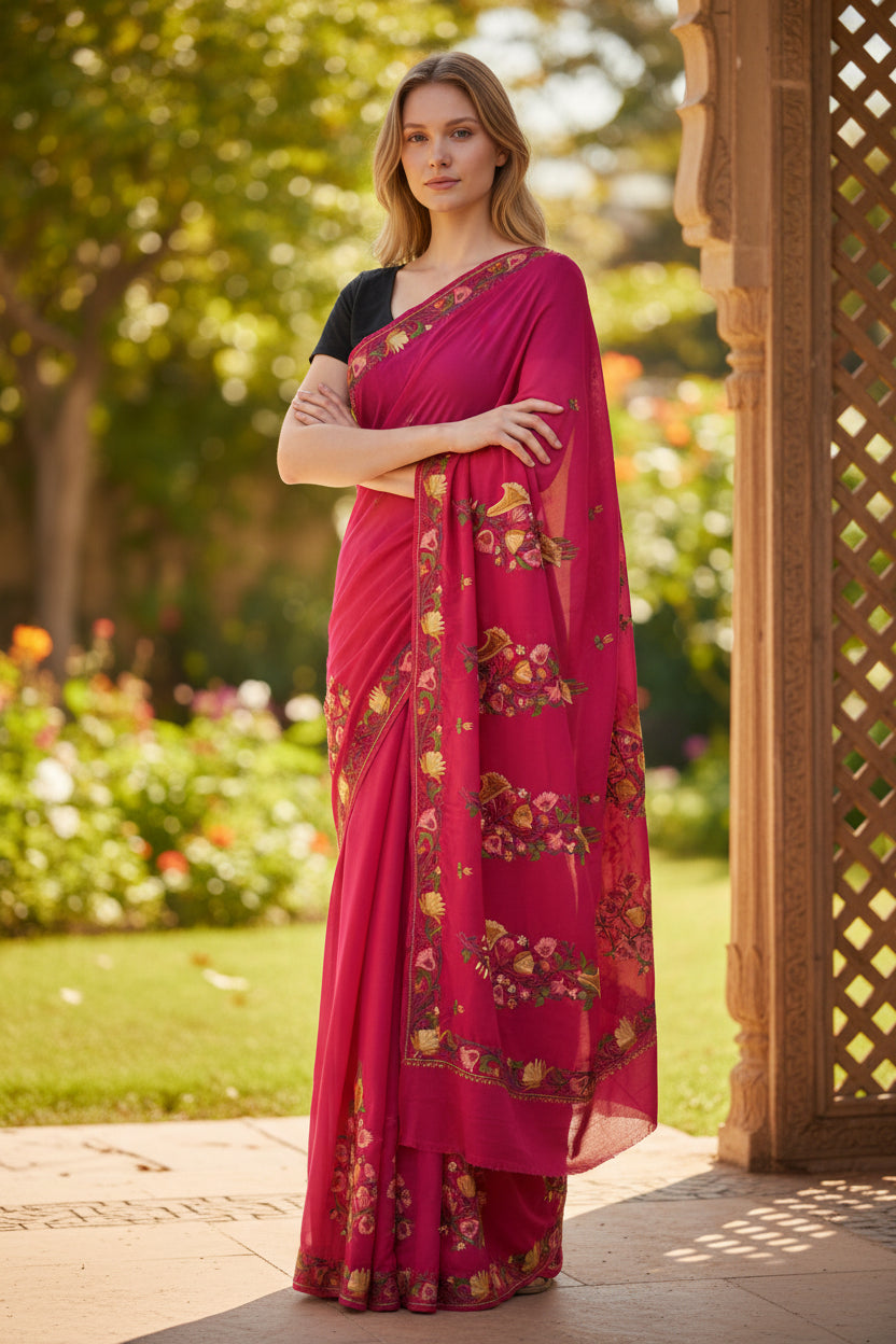 Women's Georgette Sarees Embroidered with Kashmiri Aari work - Red