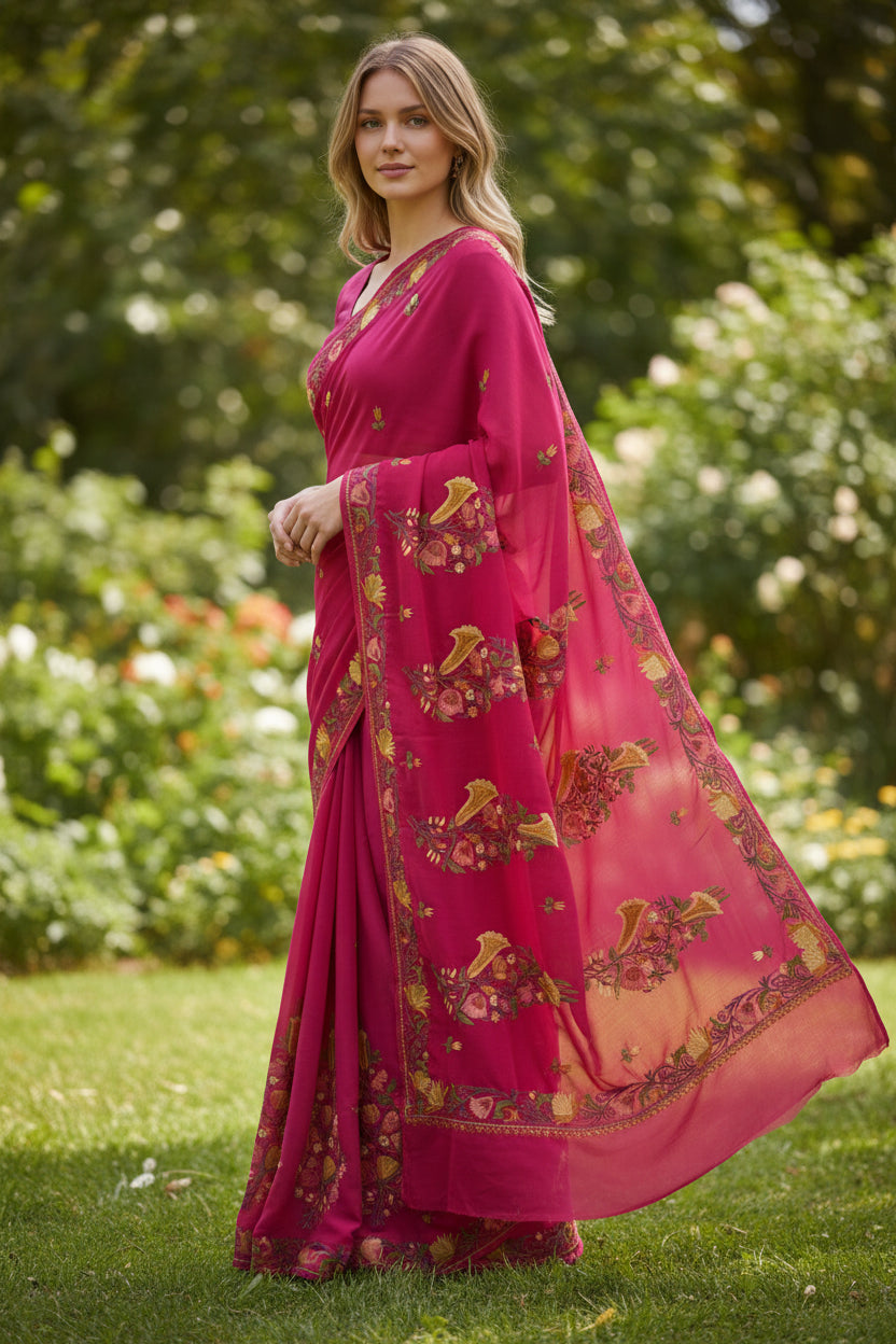 Women's Georgette Sarees Embroidered with Kashmiri Aari work - Red