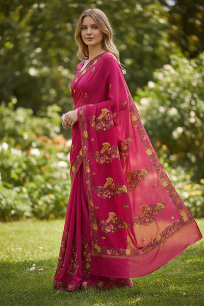 Women's Georgette Sarees Embroidered with Kashmiri Aari work - Red