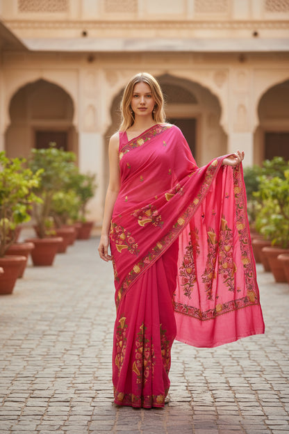 Women's Georgette Sarees Embroidered with Kashmiri Aari work - Red