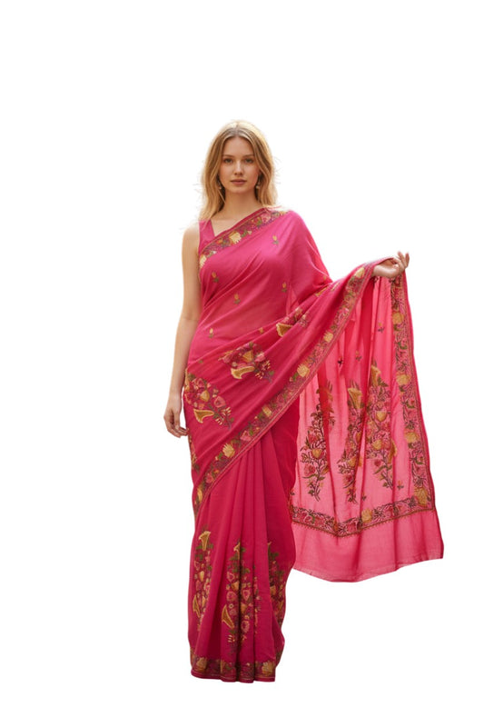 Women's Georgette Sarees Embroidered with Kashmiri Aari work - Red