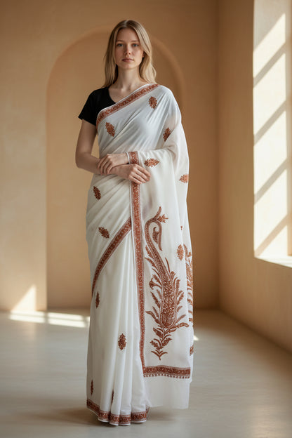 Women's Georgette Sarees Embroidered with Kashmiri Aari work - White