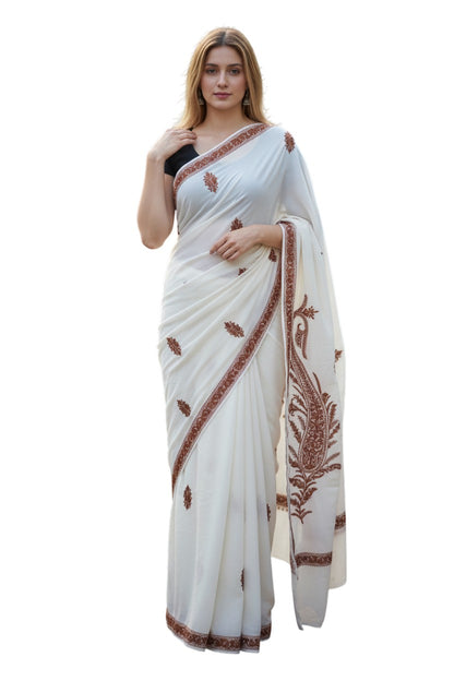 Women's Georgette Sarees Embroidered with Kashmiri Aari work - White